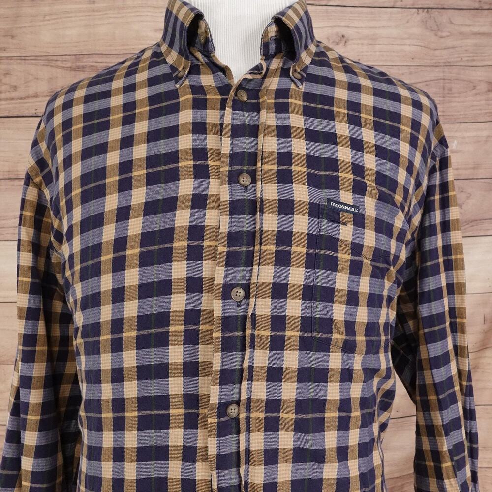 Faconnable Shirt Mens XL‎ Blue Plaid Long Sleeve Button Down